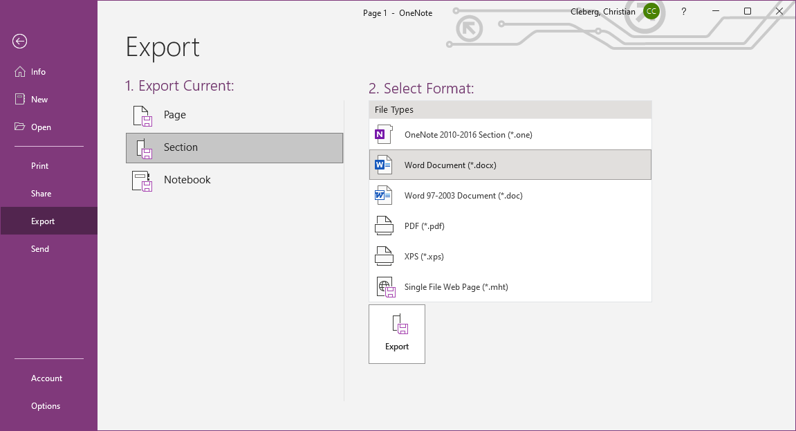 OneNote Section Export
Options