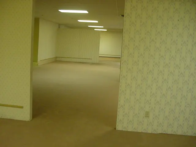 Empty second-floor room with pale yellow patterned wallpaper, tan carpet, and rows of fluorescent lights, photographed during renovation